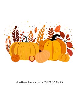 Composición de calabazas y hojas de otoño. Clíparte de otoño.