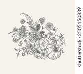 Composition with pumpkins and flowers. Vector botanical illustration. Thanksgiving day card. Black and white