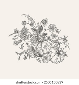 Composition with pumpkins and flowers. Vector botanical illustration. Thanksgiving day card. Black and white