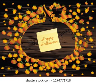 Composition of pumpkins. Halloween. Greeting card for a holiday or an invitation to a party. Empty space for text. Vector on wooden background. Yellow sheet of paper for notes. Sticker.