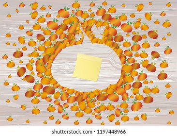 Composition of pumpkins. Halloween. Greeting card for a holiday or an invitation to a party. Empty space for text. Vector on wooden background. Yellow sheet of paper for notes. Sticker.