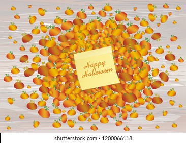 Composition of pumpkins. Halloween. Greeting card for a holiday or an invitation to a party. Empty space for text. Vector on wooden background. Yellow sheet of paper for notes. Sticker.