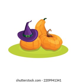 A composition with pumpkins and a hat. Happy Halloween. Vector cartoon background for invitations, postcards, tickets and other printing.