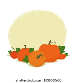 Komposition mit Kürbis, Blättern und Platz für Text auf weißem Hintergrund. Thanksgiving- oder Halloween-Dekoration. Vektorgrafik. Grußkarte, Plakat, Design der Packungsbeilage.
