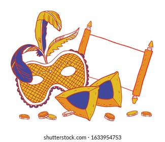 Composition with Purim traditional objects. Mask, scroll, hamatashen, coins. Hand drawn sketch color vector illustration