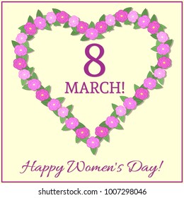 Composition of purple flowers roses hearts, collected in the shape of heart, greeting card with the eighth of March international women's day.