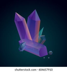 Composition of purple and green crystals on a dark background. Vector illustration