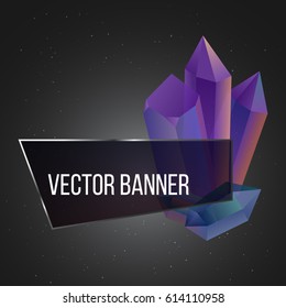 Composition of purple and green crystals on a dark background. And banner. Vector illustration