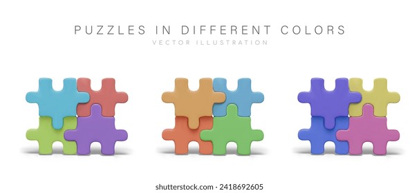 Composition with puzzles in different colors. Colorful model of connected puzzles