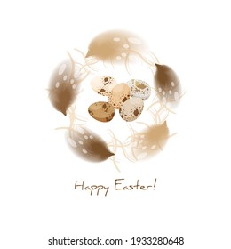 Composition of quail eggs and feathers. Happy Easter. Vector, isolated.