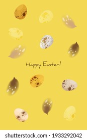 Composition of quail eggs and feathers. Happy Easter. Vector, isolated.