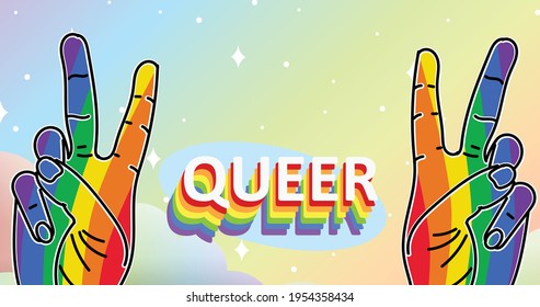 Composition of queer text and rainbow hands showing victory sign on green background. lgbtq, equality and human rights concept digitally generated image.