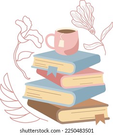 Composition with reading supply for education, cup of tea with plants and flowers drawing in outline style