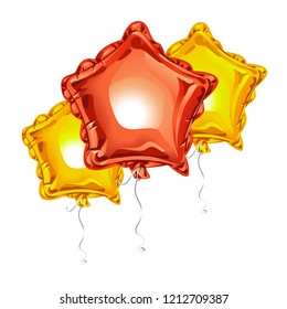 Composition of realistic 3D foil balloons in the shape of a star with reflects isolated on white background. Festive decor element for any holiday. Vector illustration