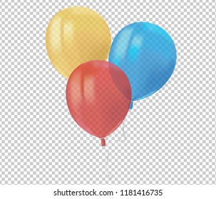 Composition of realistic air flying colorful balloons with reflects isolated on transparent background. Festive decor element for Birthday party or balloon greeting card design element. Vector