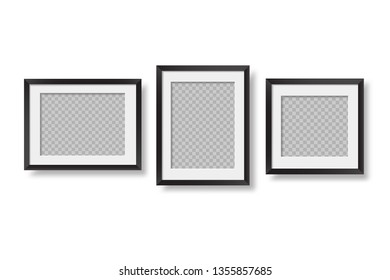 Composition of realistic black photo frames on the wall. Mockups for interior design.