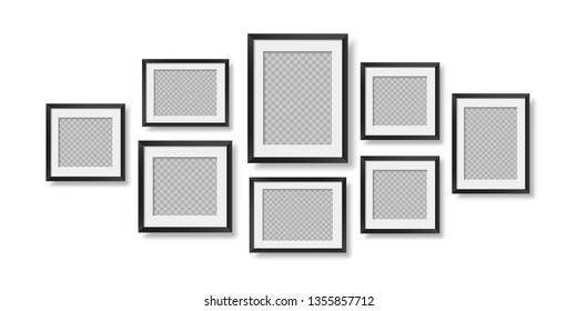 Composition of realistic black photo frames on the wall. Mockups for interior design.