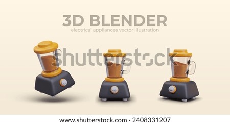 Composition with realistic blender in different positions. Tasty chocolate drink preparation. Home appliance concept. Vector illustration in 3d style with yellow background