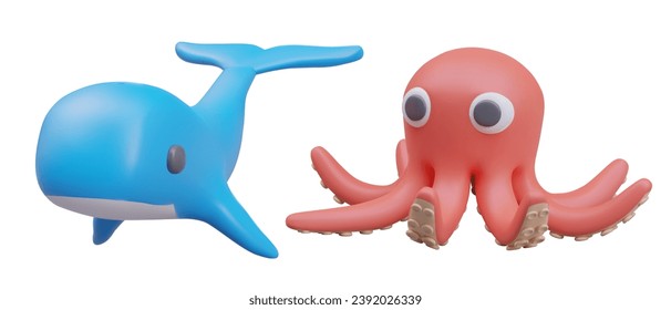 Composición con ballena azul realista y pulpo rojo sobre fondo blanco. Animales subacuáticos del océano. Concepto de vida marina. Ilustración vectorial en estilo 3d