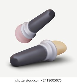 Composición con pinceles realistas en diferentes posiciones. Aplicación de maquillaje con chispas amarillas y rosas. Ilustración vectorial en 3d con fondo blanco