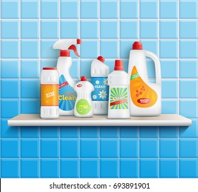 Composition of realistic detergent bottles on shelf with bathroom toilet and mirror cleaners with wall tiles vector illustration