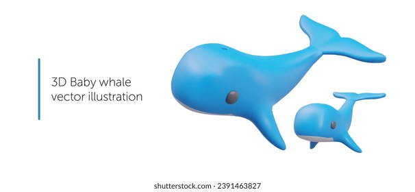 Composition with realistic family whale. Baby whale swimming with mom on white background. Marine life, computer game. Vector illustration in 3d style with place for text