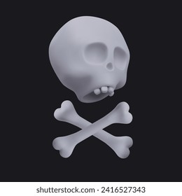 Composition with realistic human skull and crossed bones on black background. Decoration for Halloween. Skeleton illustration. Vector illustration in 3d style