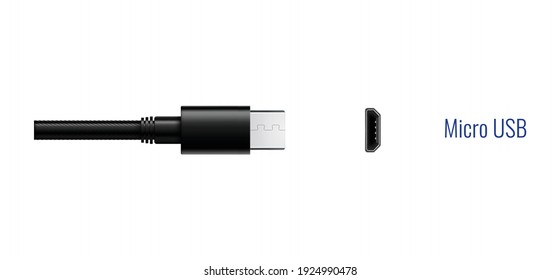 Composition with realistic image of micro usb connector plug and port for wired connection vector illustration