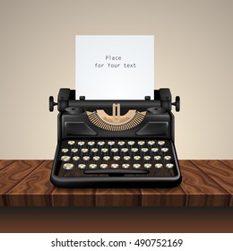 Composition with realistic image of a vintage typewriter on dark wood table with vignette grey wall background vector illustration