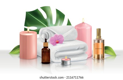 Composition with realistic images of towels and pink flower with candles and bottles of aroma oil vector illustration