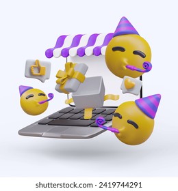 Composition with realistic laptop, open gift box, and flying yellow emoticons