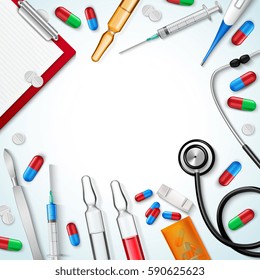Composition of realistic medical instruments with pills syringe vials with liquid lancet knife and prescription sheet vector illustration