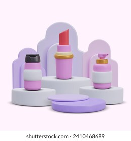 Composition with realistic modern stage with shampoo, open red lipstick, and dispenser with soap. Presentation of cosmetics. Vector illustration in 3d style