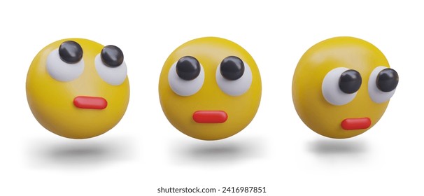 Composition with realistic yellow face in different positions. Thinking and sad reaction. Emoticons for social media. Vector illustration in 3d style with shadow