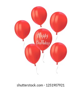 Composition of red air flying balloons isolated on white background. Inscription Happy Birthday. Festive decor element for Birthday party or balloon greeting card design element. Vector