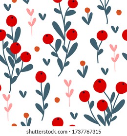 Composition of red berries on branches, pink and green leaves, seamless pattern, ideal for decoration, drawing for fabric or wrapping paper
