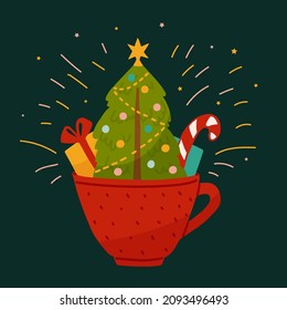 Composition with red cup, christmas tree, gifts and candy. Illustration for invitation card, postcard, print. Merry Christmas and Happy New Year. 