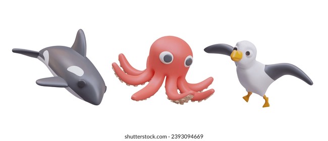 Composición con pulpo bebé rojo lindo, ballena asesina y gaviota. Mundo submarino y personajes coloridos del mar. Ilustración vectorial en 3d y fondo blanco