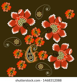 Composition of red flowers in folkloric style and paisley on bronze color background. Russian, indian motifs. Endless print for fabric. Ethnic style.