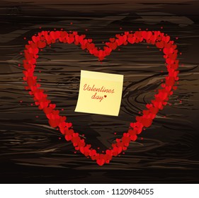 The composition of red hearts. Valentine's Day. Yellow sheet of paper for notes. Sticker. Greeting card. Vector illustration on wooden background.