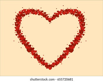 The composition of red hearts. Valentine's Day. Greeting card. Vector illustration. Yellow background