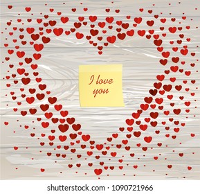 The composition of red hearts and Yellow sheet of paper for notes. Sticker. Valentine's Day. Greeting card. Vector illustration on wodden background.