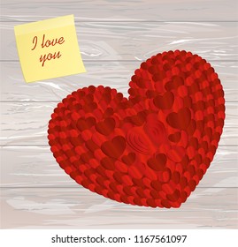 The composition of red hearts and Yellow sheet of paper for notes. Sticker. Valentine's Day. Greeting card. Vector illustration on wodden background.