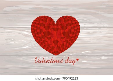 The composition of red hearts.Confetti. Valentine's Day. Greeting card. Vector illustration on wodden background.