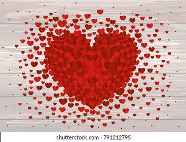 The composition of red hearts.Confetti. Valentine's Day. Greeting card. Vector illustration on wodden background.