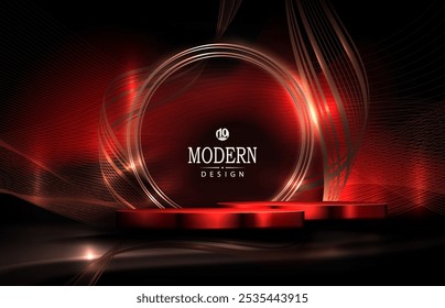 Composition with a red podium, a golden frame and wavy ribbons.