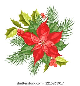 Composition of red poinsettia flower isolated over white background. Vector illustration.