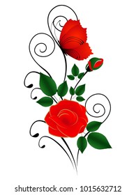 Composition of a red rose and butterfly isolated on a white background.