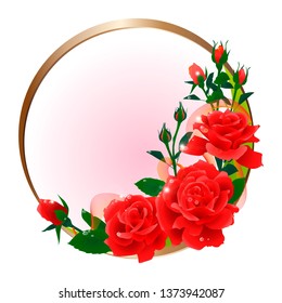 The composition of red roses and pink buds in the design of a round metal frame and ribbons.
