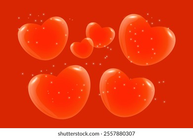 Composition of red volumetric hearts and glitter. Vector.